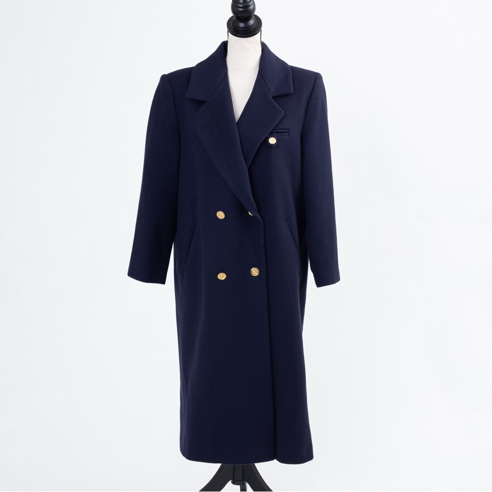 Vintage wool full length coat navy military vibe gold crest buttons 7/8